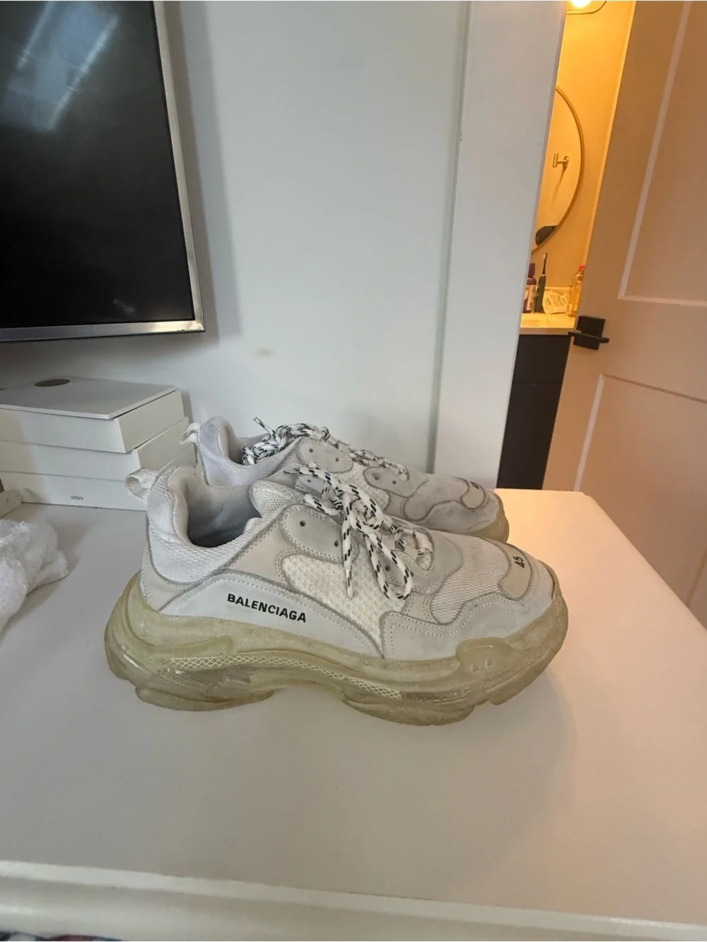 Balenciaga White and Off-White Chunky Triple S Sneakers